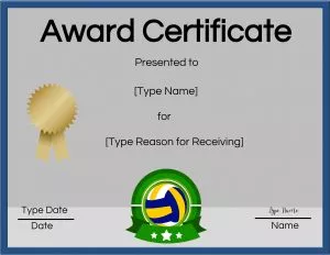 Printable volleyball certificate award